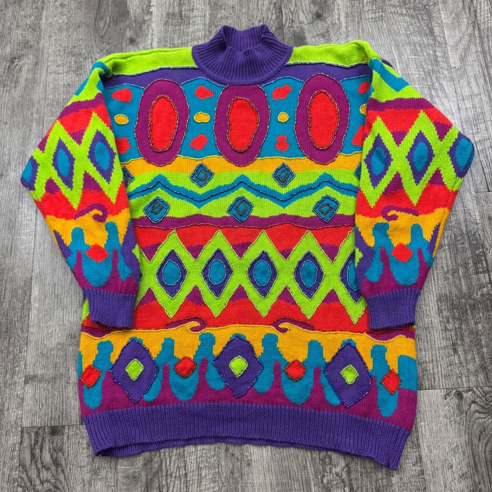 Vintage 90s IB Diffusion Funky Beaded Colorful Mock Neck Sweater L